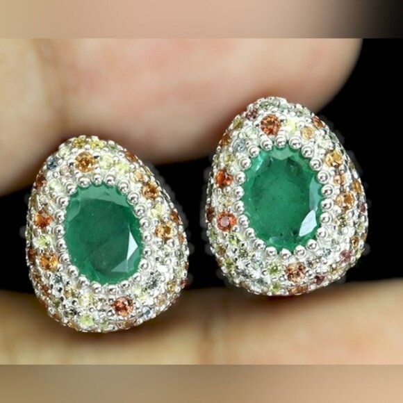 925 Sterling Silver Earrings with Natural Emerald & Sapphire Gems - Picture 2 of 3
